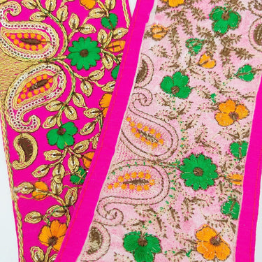 Fuchsia Pink Art Silk Fabric Trim With Intricate Floral Embroidery, Approx. 90mm wide, Trim By Yard Decorative Sari Border